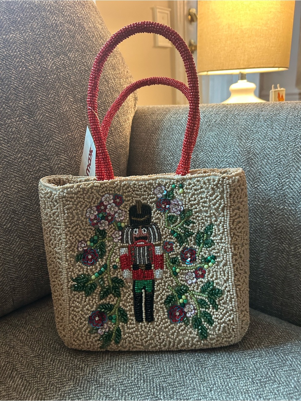 Anthropologie Beaded Nutcracker Tote in Beige with Red Handles